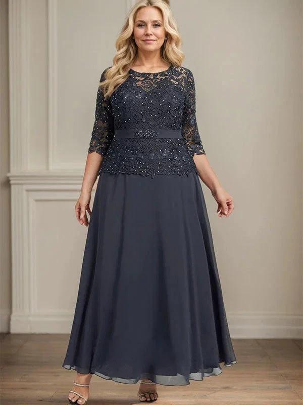 A-line Scoop Illusion Ankle-Length Chiffon Lace Mother of the Bride Dress With Rhinestone Beading by Dreamylily