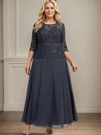 A-line Scoop Illusion Ankle-Length Chiffon Lace Mother of the Bride Dress With Rhinestone Beading by Dreamylily