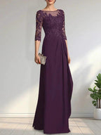A-line Scoop Illusion Floor-Length Chiffon Lace Mother of the Bride Dress With Beading Sequins Cascading Ruffles by Dreamylily