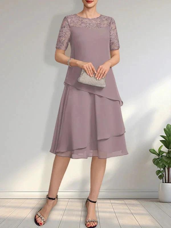 A-line Scoop Illusion Knee-Length Lace Chiffon Mother of the Bride Dress With Sequins by Dreamylily