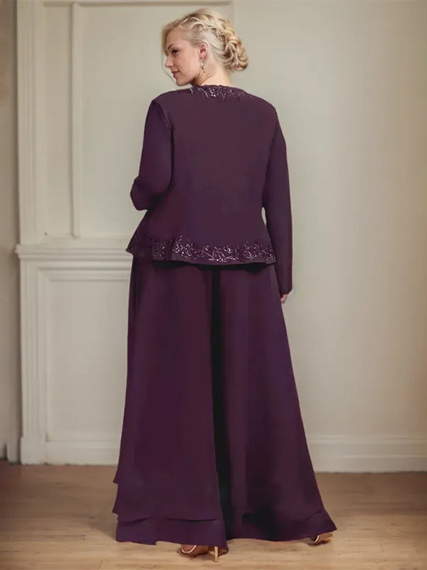 Separates Jumpsuit/Pantsuit Square Ankle-Length Lace Chiffon Mother of the Bride Dress With Sequins