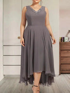 A-line V-Neck Asymmetrical Chiffon Mother of the Bride Dress With Beading Sequins by Dreamylily