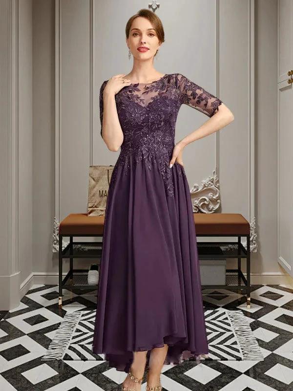 A-line Scoop Illusion Asymmetrical Chiffon Lace Mother of the Bride Dress With Sequins by Dreamylily