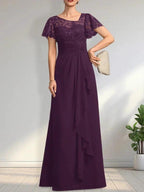 A-line Asymmetrical Illusion Floor-Length Lace Chiffon Mother of the Bride Dress With Cascading Ruffles Sequins by Dreamylily