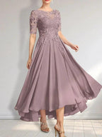 A-line Scoop Illusion Asymmetrical Chiffon Lace Mother of the Bride Dress With Sequins by Dreamylily
