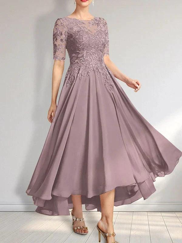 A-line Scoop Illusion Asymmetrical Chiffon Lace Mother of the Bride Dress With Sequins by Dreamylily