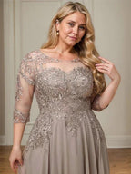 A-line Scoop Illusion Floor-Length Lace Chiffon Mother of the Bride Dress With Sequins by Dreamylily