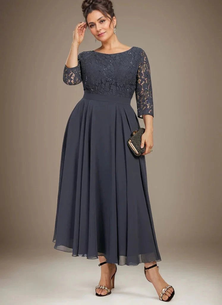 A-line Scoop Tea-Length Lace Chiffon Mother of the Bride Dress With Sequins by Dreamylily