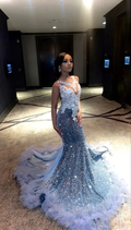 Luxurious Blue Sequins Satin Splicing Mermaid Prom Dress Evening Dress With Appliques Y7879 by simplepromdress