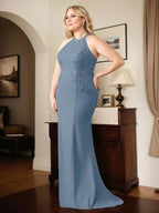Dusty Blue Sheath Halter Long Mother of Bride Dress With Appliques by Dreamylily