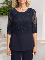 Jumpsuit/Pantsuit Separates Scoop Floor-Length Chiffon Lace Mother of the Bride Dress With Sequins by Dreamylily
