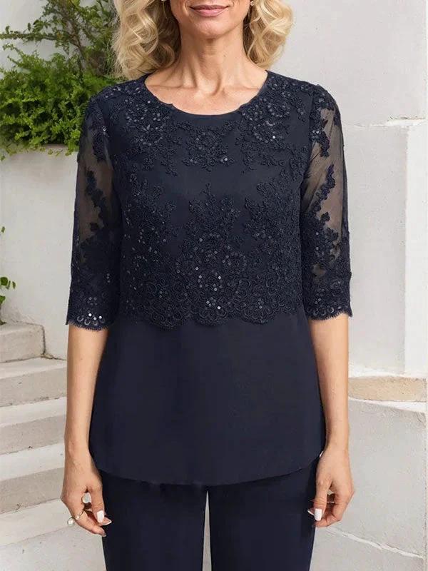 Jumpsuit/Pantsuit Separates Scoop Floor-Length Chiffon Lace Mother of the Bride Dress With Sequins by Dreamylily