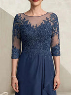 A-line Scoop Illusion Asymmetrical Lace Chiffon Mother of the Bride Dress With Sequins Cascading Ruffles by Dreamylily