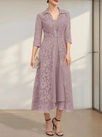 A-line V-Neck Tea-Length Chiffon Mother of the Bride Dress by Dreamylily