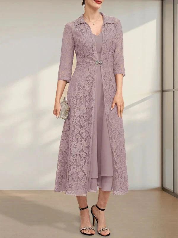 A-line V-Neck Tea-Length Chiffon Mother of the Bride Dress by Dreamylily
