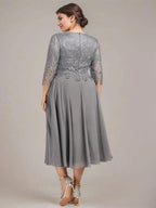 A-line Scoop Tea-Length Lace Chiffon Mother of the Bride Dress by Dreamylily