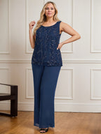 Separates Jumpsuit/Pantsuit Scoop Floor-Length Lace Chiffon Mother of the Bride Dress With Sequins
