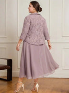A-line Scoop Tea-Length Lace Chiffon Mother of the Bride Dress by Dreamylily