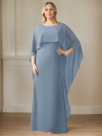 Bodenlanges Etui-Kleid aus Chiffon mit U-Ausschnitt und kaskadierenden Rüschen 