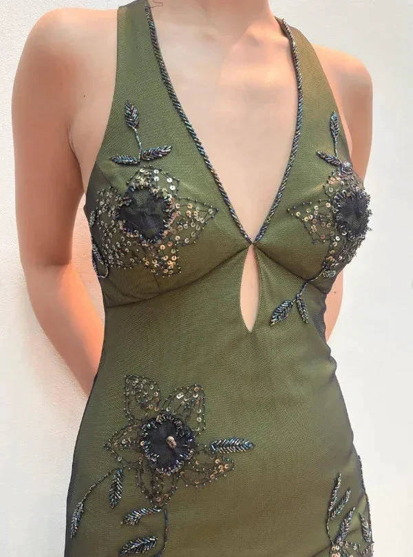Vintage Halter Satin Beaded Mermaid Evening Dress Sexy Backless Green Prom Dress Y8228 by simplepromdress