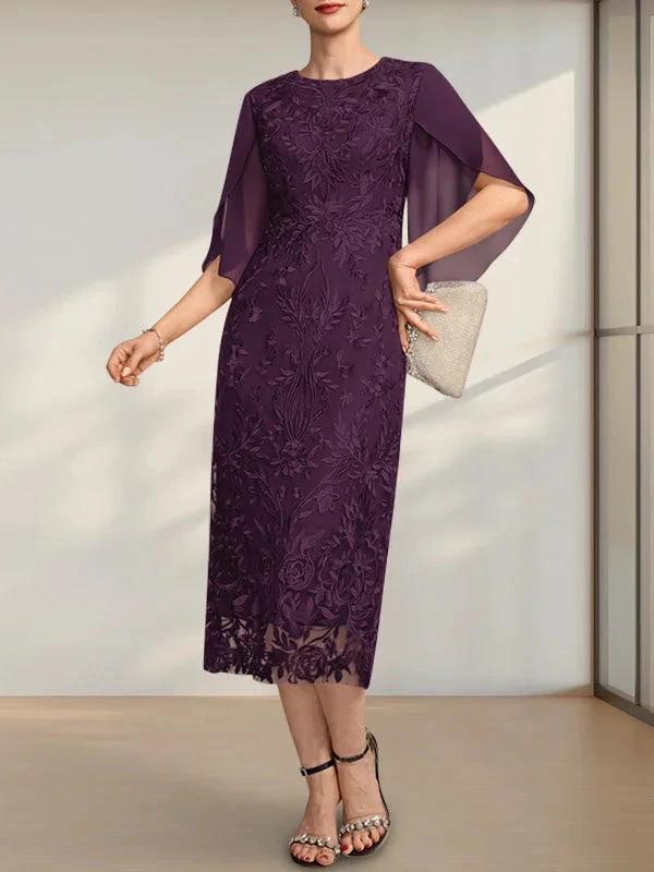 Sheath/Column Scoop Tea-Length Lace Chiffon Mother of the Bride Dress by Dreamylily