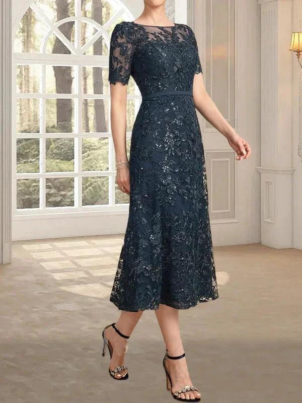 A-line Scoop Illusion Tea-Length Lace Mother of the Bride Dress With Sequins by Dreamylily