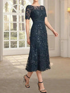 A-line Scoop Illusion Tea-Length Lace Mother of the Bride Dress With Sequins by Dreamylily
