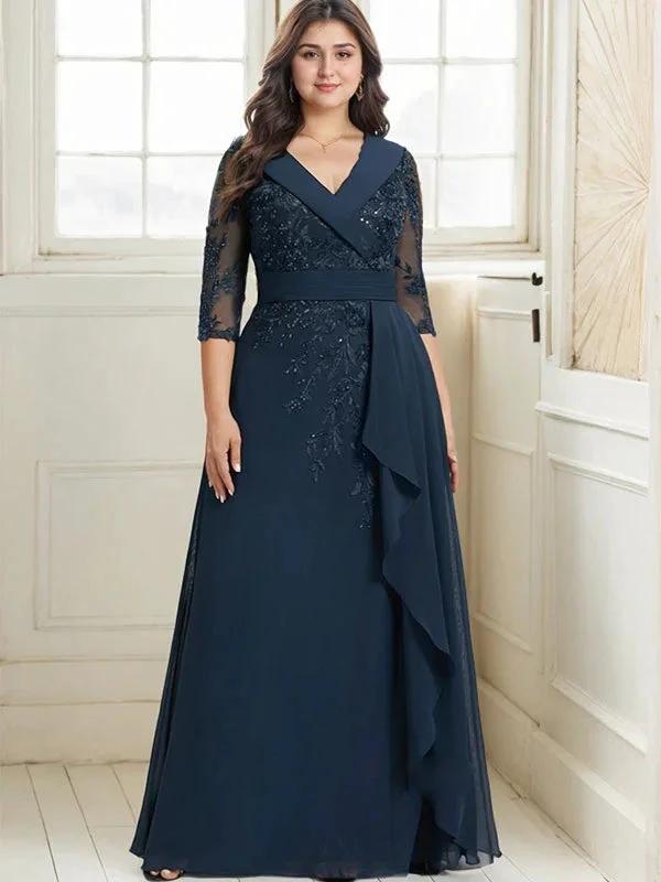 A-line Collared V-Neck Floor-Length Lace Chiffon Mother of the Bride Dress With Sequins Cascading Ruffles by Dreamylily