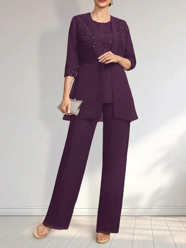 Jumpsuit/Pantsuit Separates Scoop Floor-Length Chiffon Lace Mother of the Bride Dress With Sequins by Dreamylily