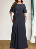 A-line Scoop Floor-Length Chiffon Mother of the Bride Dress With Cascading Ruffles Beading Sequins by Dreamylily
