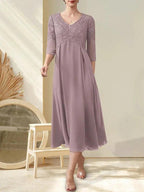 A-line V-Neck Tea-Length Chiffon Lace Mother of the Bride Dress With Beading by Dreamylily