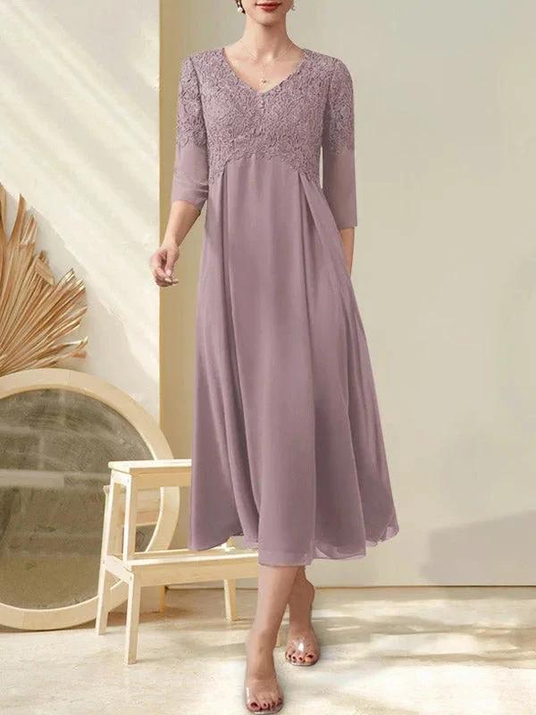 A-line V-Neck Tea-Length Chiffon Lace Mother of the Bride Dress With Beading by Dreamylily