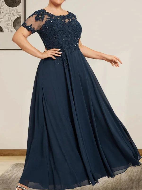 A-line Scoop Illusion Floor-Length Chiffon Lace Mother of the Bride Dress With Sequins Beading by Dreamylily