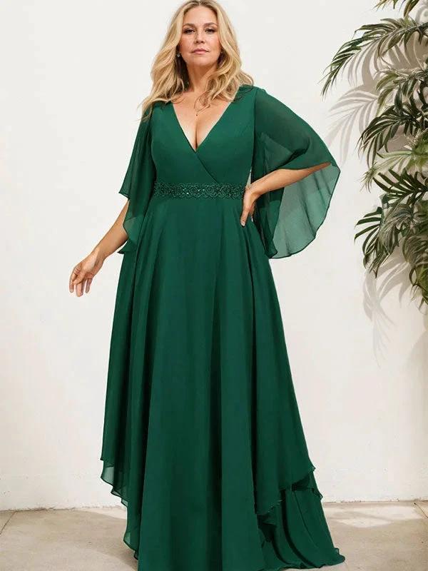 A-line V-Neck Floor-Length Chiffon Mother of the Bride Dress With Sequins Appliques Lace Beading by Dreamylily