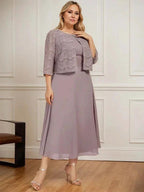 A-line Scoop Tea-Length Chiffon Mother of the Bride Dress With Pleated by Dreamylily