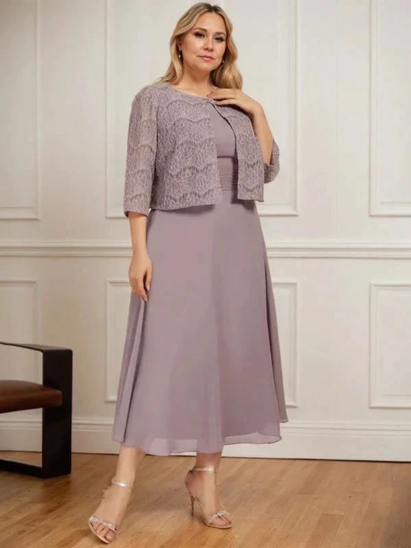 A-line Scoop Tea-Length Chiffon Mother of the Bride Dress With Pleated by Dreamylily