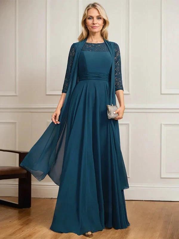 A-line Scoop Illusion Floor-Length Lace Chiffon Mother of the Bride Dress With Pleated by Dreamylily