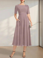 A-line Scoop Tea-Length Chiffon Mother of the Bride Dress With Appliques Lace Sequins by Dreamylily