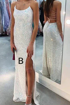 Sparkly Spaghetti Straps Mermaid White Sequin Prom Evening Dress Y8071 by simplepromdress