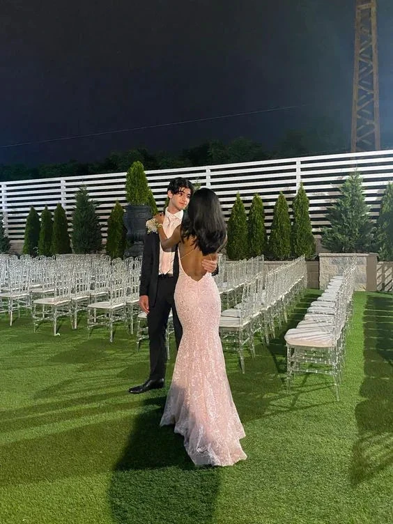 Romantic Pink Backless Sleeveless Lace Mermaid Evening Dresses with Train Y1490 by simplepromdress