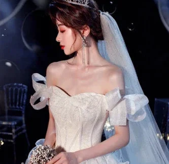 Fairy Romantic Off Shoulder White Wedding Dress Sweep Train Y6878 by simplepromdress