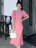 Classy Pink Puff Sleeves Mid-length Prom Dress Pink Evening Dress Y7113 by simplepromdress