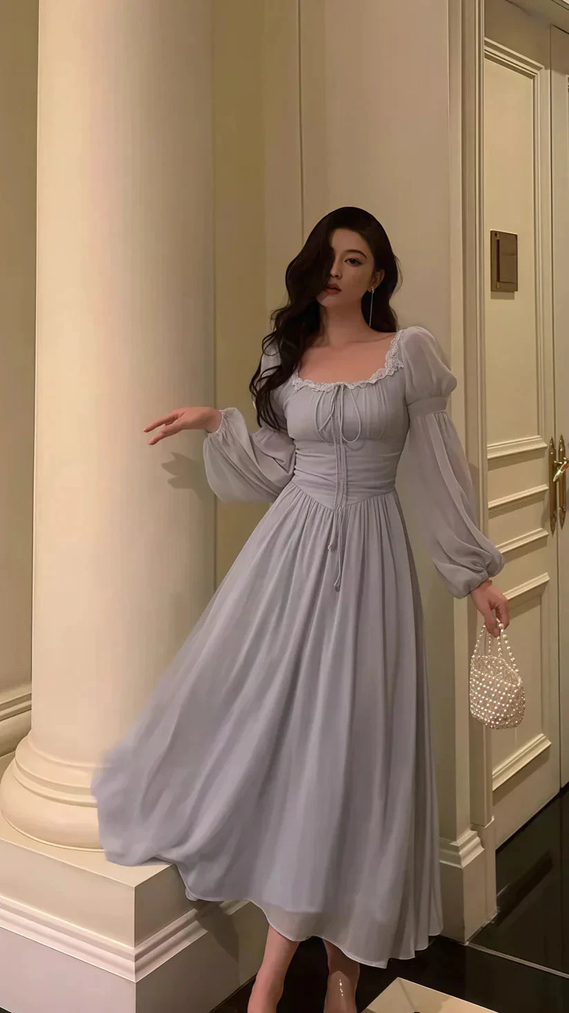 Grey Lace Chiffon Long Sleeves Party Dress Elegant Prom Evening Dress Y8021 by simplepromdress