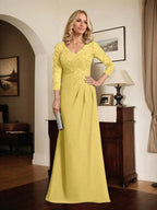 Sheath/Column V-Neck Illusion Floor-Length Lace Chiffon Mother of the Bride Dress With Pleated Sequins by Dreamylily
