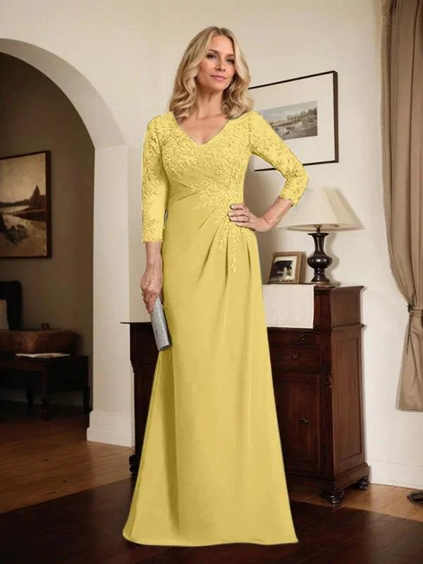 Sheath/Column V-Neck Illusion Floor-Length Lace Chiffon Mother of the Bride Dress With Pleated Sequins by Dreamylily