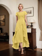 A-line Scoop Illusion Asymmetrical Chiffon Lace Mother of the Bride Dress With Bow Ruffle Sequins by Dreamylily