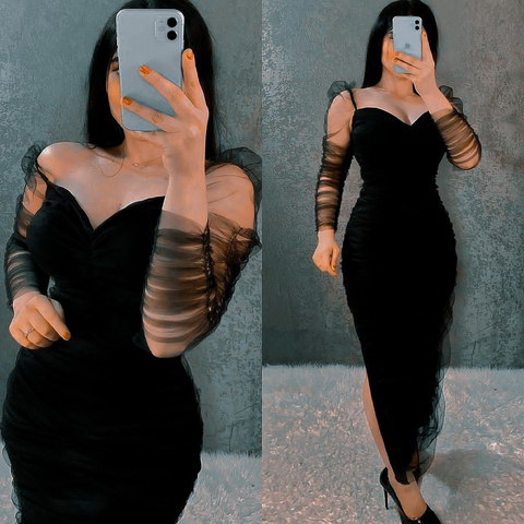 Vestido de fiesta negro de malla con mangas largas para mujer, vestido de cóctel negro Y5549