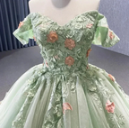 Matcha Green Off The Shoulder Floral Appliqués Shimmering Lace Up Back Quinceañera Pageant Special Occasion Gala Ball Gown Y2190 by simplepromdress