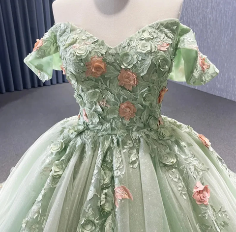 Vestido de gala verde matcha con hombros descubiertos y apliques florales, espalda con cordones brillantes, para quinceañeras, ocasiones especiales, Y2190