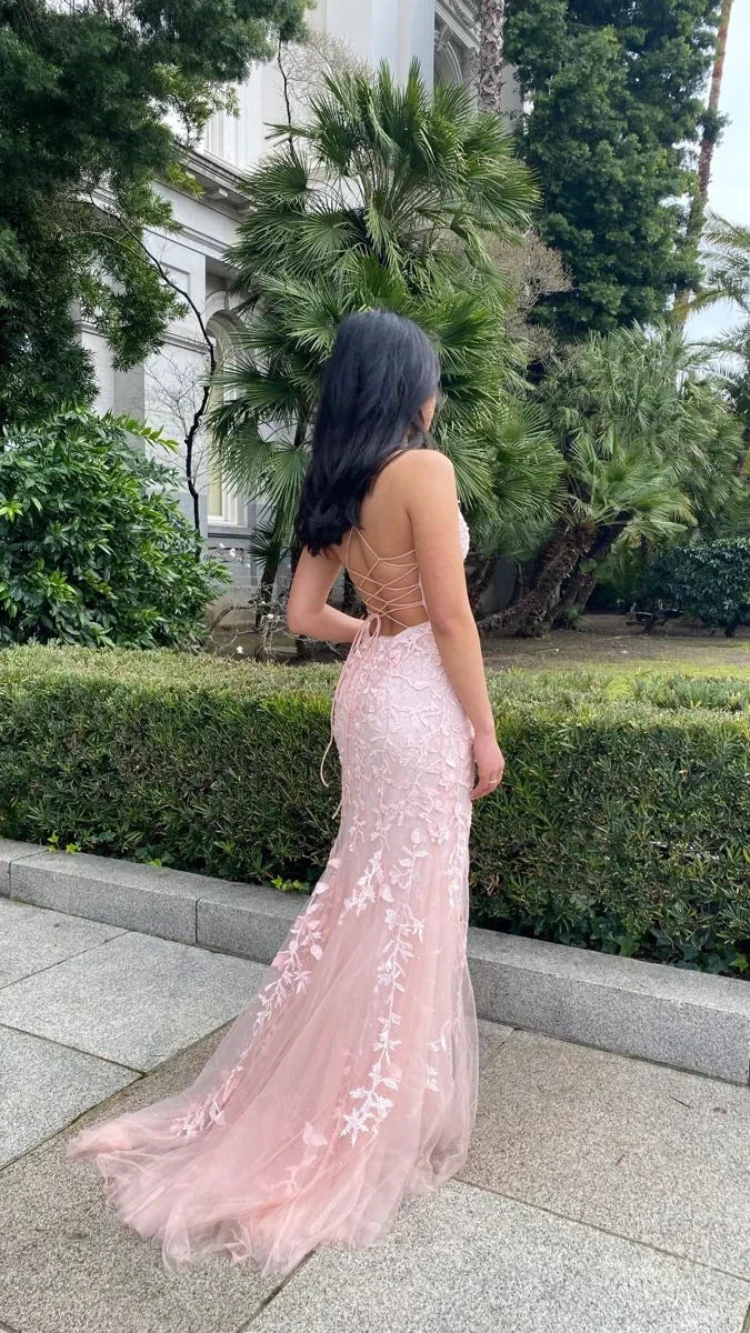 Pink Mermaid Lace Tulle Prom Dress Lace-up Back Evening Dress Y2902 by simplepromdress